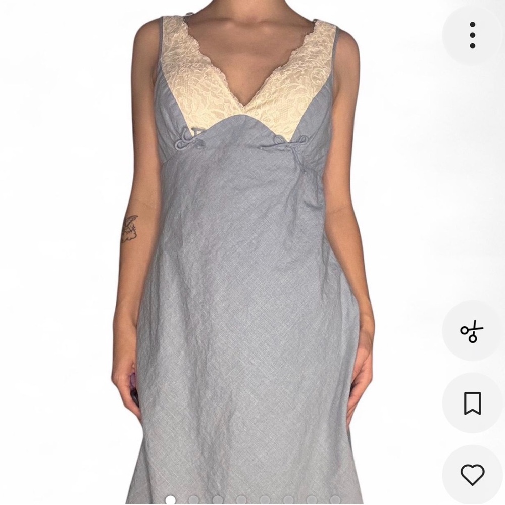 y2k linen blue midi dress lace detailing, white lace (brand Viola)